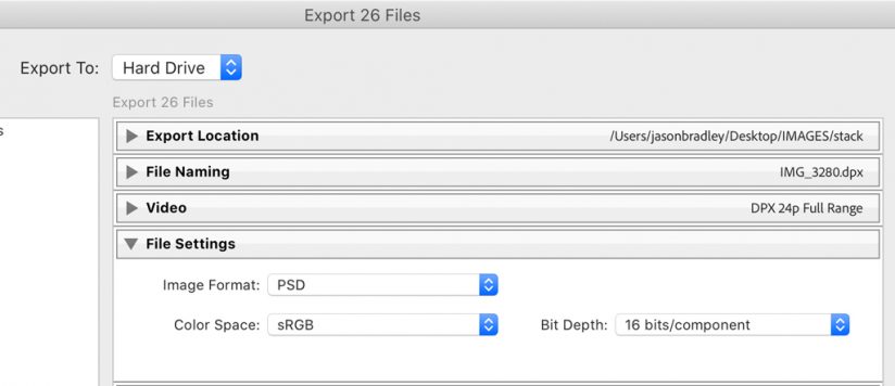 Screen shot of Lightroom's PSD export settings.