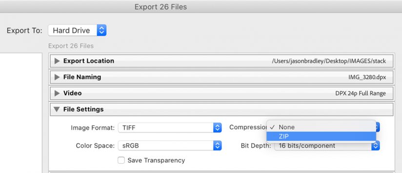 Screen shot of Lightroom's TIFF export options.