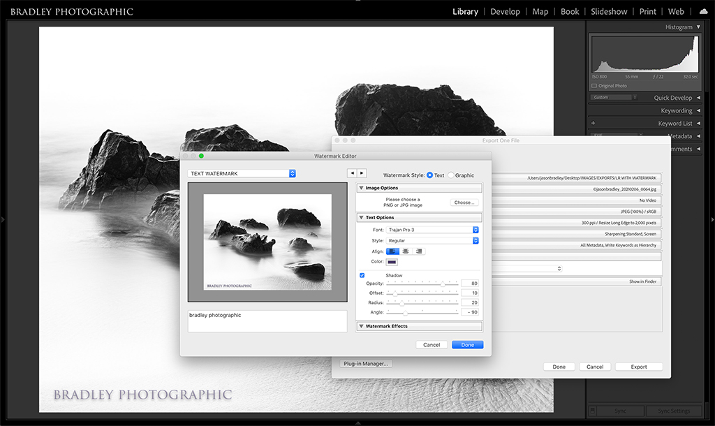 A view of the Watermark Editor in Lightroom Classic.