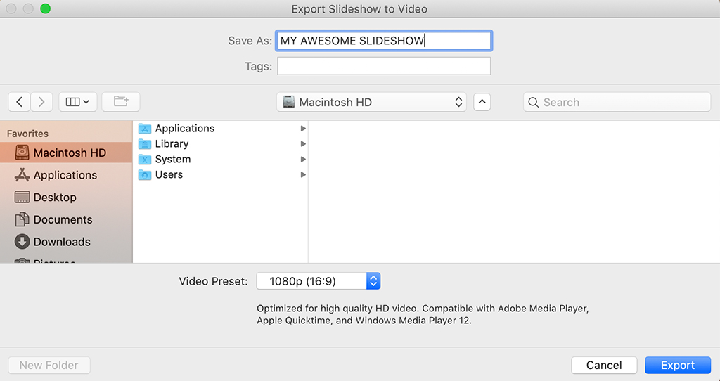 Screen shot from Lightroom's slideshow export options.