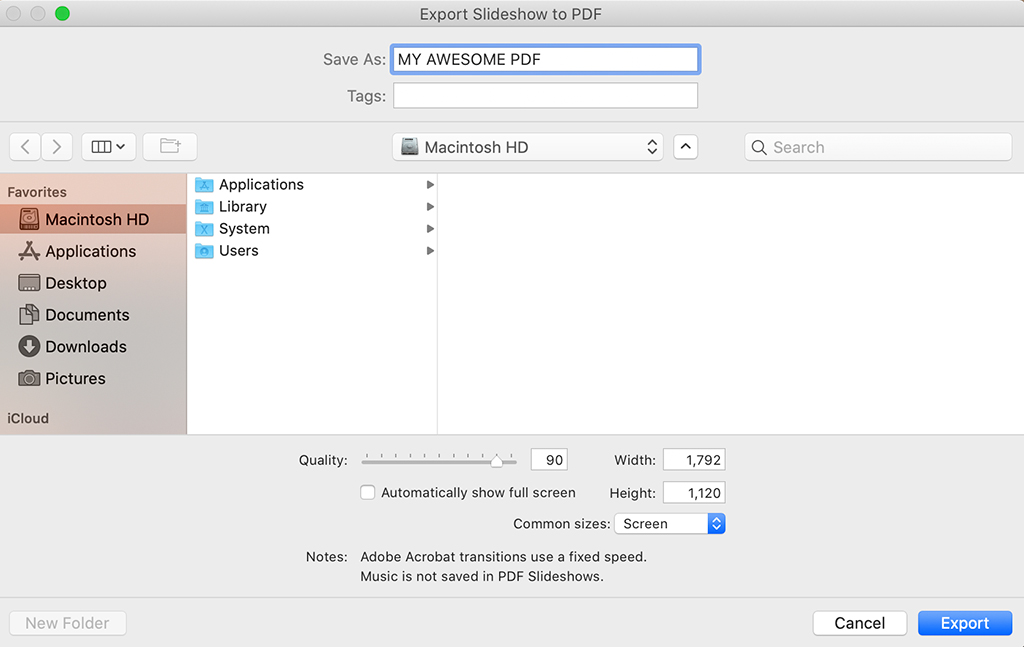 Screen shot of Lightroom's export to PDF option.