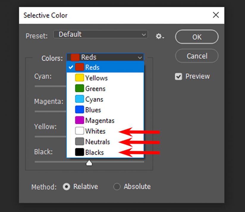 Screen shot of the Colors drop-down menu in Photoshop's Selective Color tool.