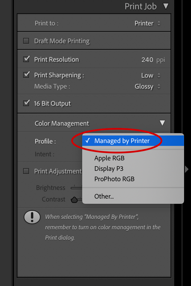 Black-and-white printing color management settings in Lightroom