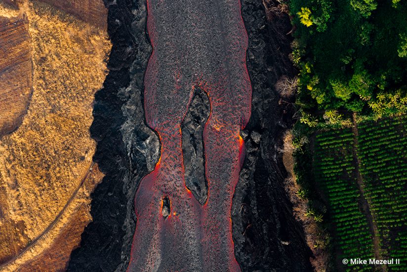 Aerial image showing the effects of toxic gasses from a volcano on the landscape