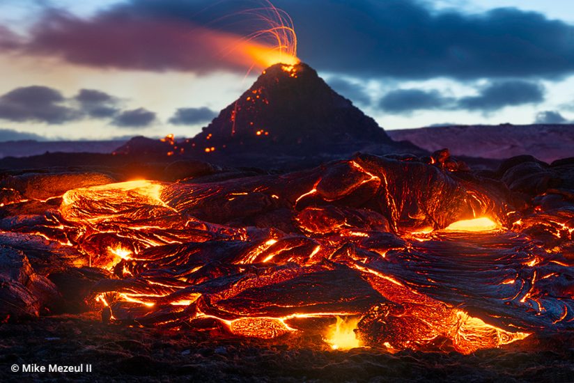 Photograph of lava from the third fissure of the Fagradalsfjall Volcano seen from a distance