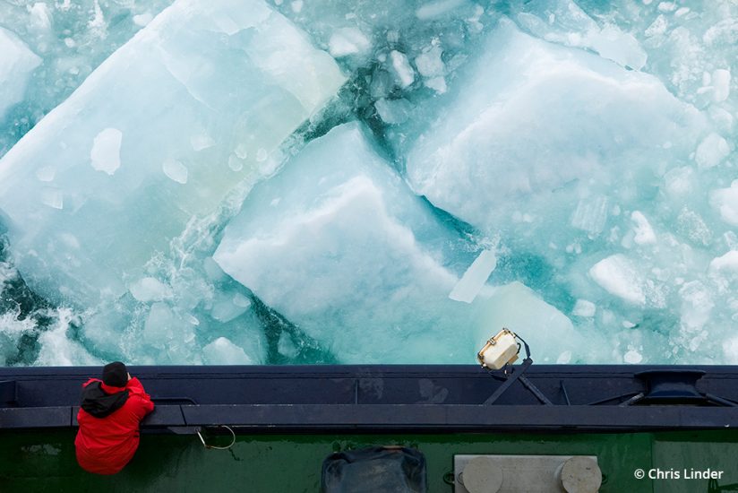 Image of broken glacial ice from the deck of a boat