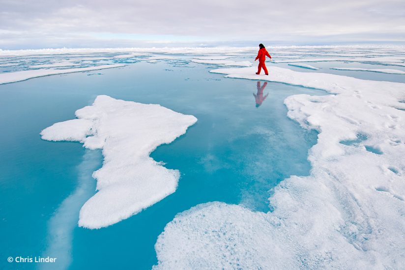 Photo of a scientific researcher walking along the edge of a melt pond