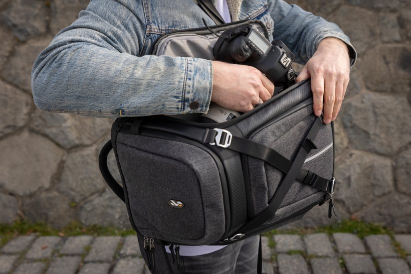 Photo illustrating side access when wearing the K&F CONCEPT Alpha backpack as a sling