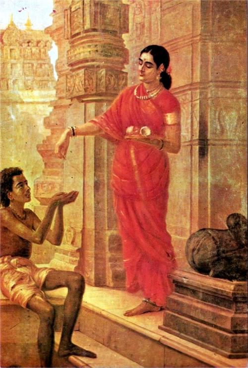Lady giving Alms at the Temple by Raja Ravi Varma