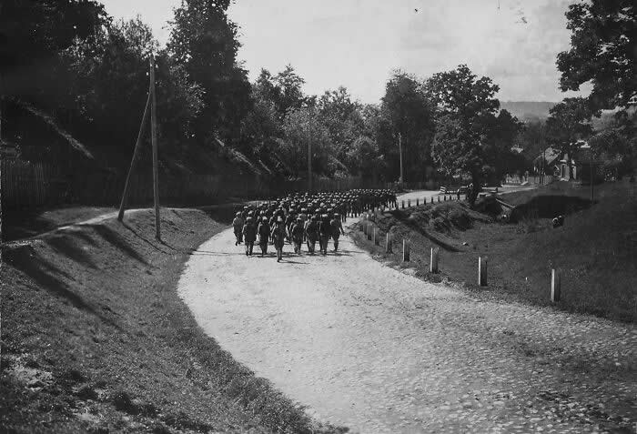 Military School Cadets Marching Down Parodos Street, 1920, Kaunas, Lithuania - Rare Vintage Photos