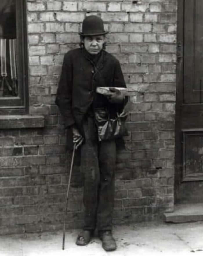 Victorian Poverty. A Disabled Match Seller Suffering With Polio Surviving The Streets Of London. C1900 -Rare Vintage Photos