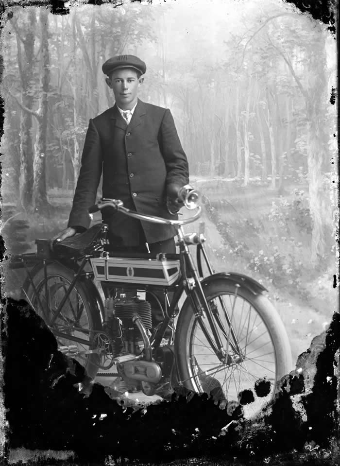 Glass negative of a man with a brand new Triumph motorcycle, circa (1907) - Vintage Rare Historical Photos 