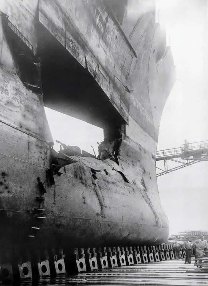 German battleship Gneisenau at Kiel shipyard showing damage from a torpedo fired by HMS Clyde (1940) - Vintage Rare Historical Photos 