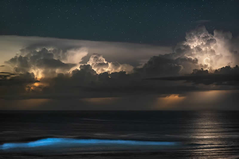 2026 Memorial Maria Luisa Awards: Best Mountain & Nature Photos Revealed 57 Lightning illuminating storm clouds over the ocean at night with glowing bioluminescent waves along the shoreline under a starry sky.