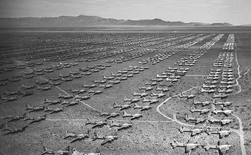 Rows upon rows of US B-17 Flying Fortresses, now no longer of use, sitting at Kingman Army Airfield in Arizona, US, 1945