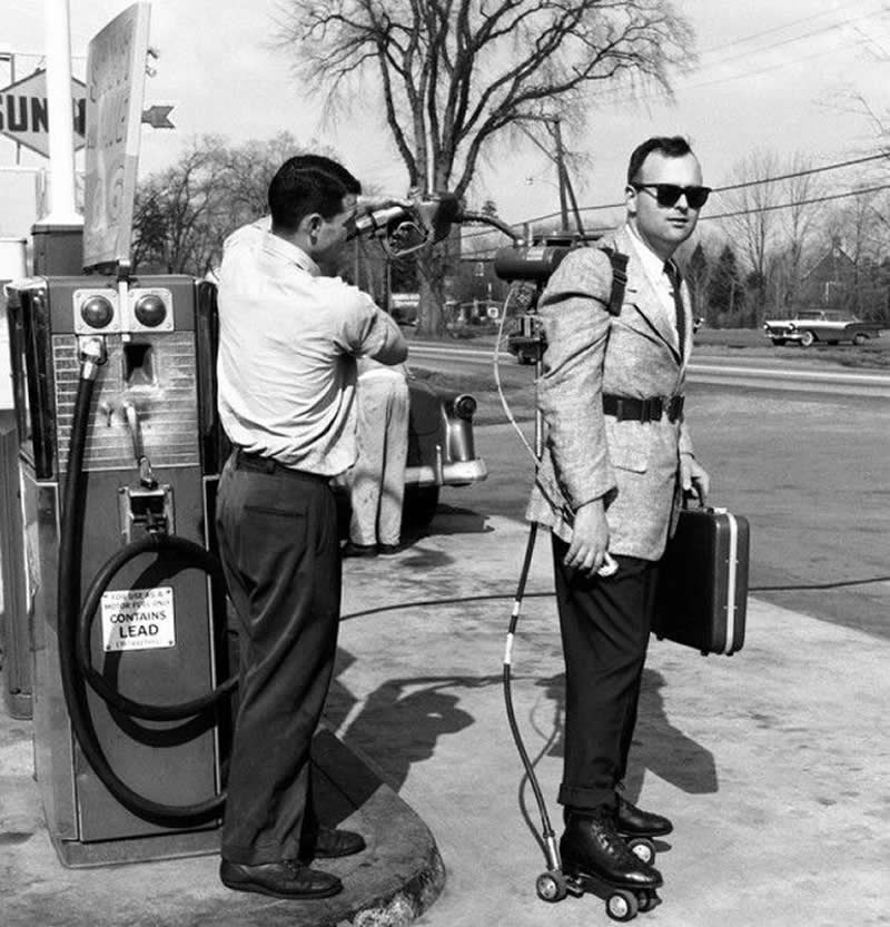 Petrol-powered motorized roller skates 1961.