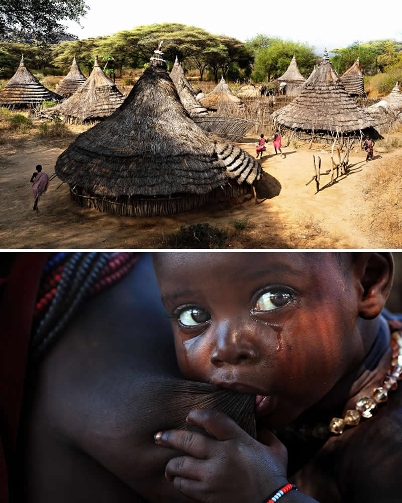 Portrait of an Erbore child breastfeeding in Ethiopia paired with a view of a traditional Erbore village with circular thatched huts, illustrating the connection between people, culture, and landscape in southern Ethiopia.