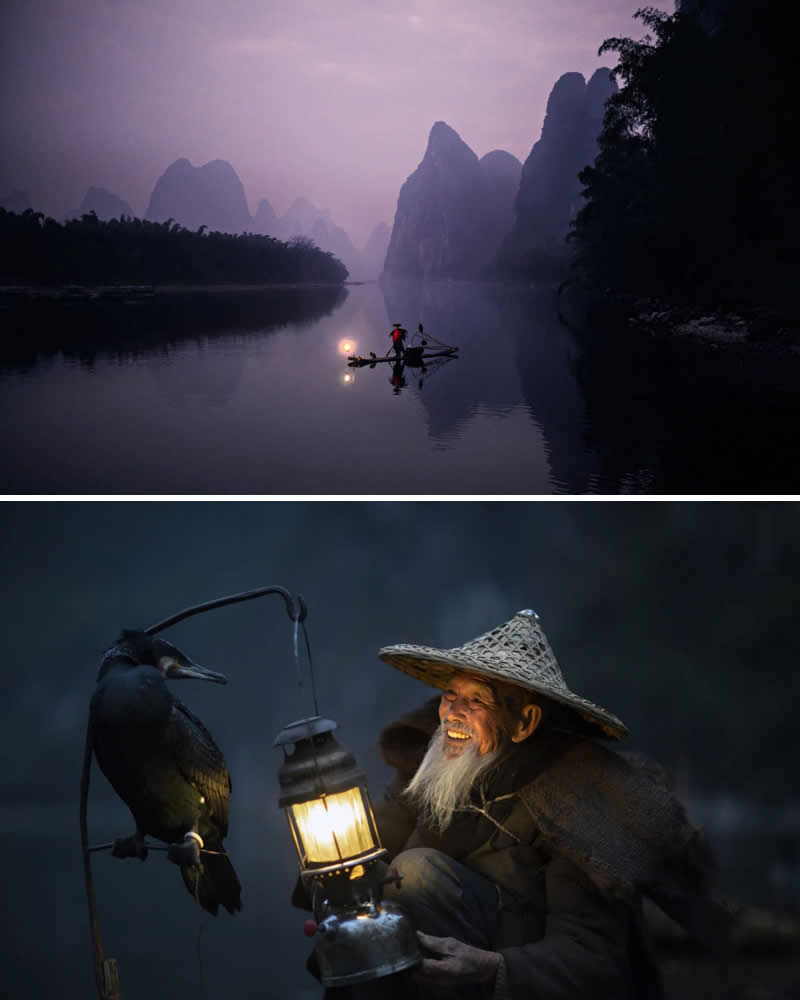 Portrait of an elderly Chinese cormorant fisherman holding a lantern beside his trained bird, paired with a misty dawn landscape of the Li River in Guilin, China, where a fisherman stands on a bamboo raft surrounded by dramatic karst mountains.