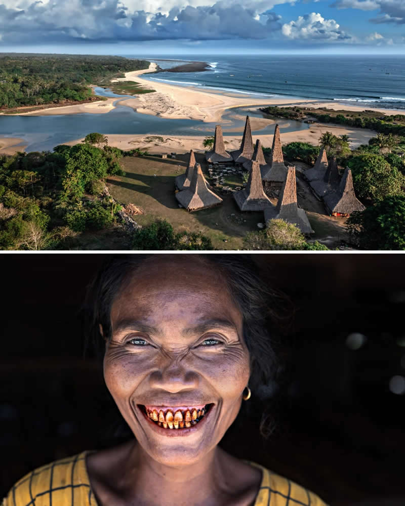 Portrait of a smiling Sumba woman with traditional betel-stained teeth paired with an aerial view of the iconic cone-shaped traditional houses near the coast of Sumba Island, Indonesia, highlighting the connection between local culture, architecture, and the island’s coastal landscape.
