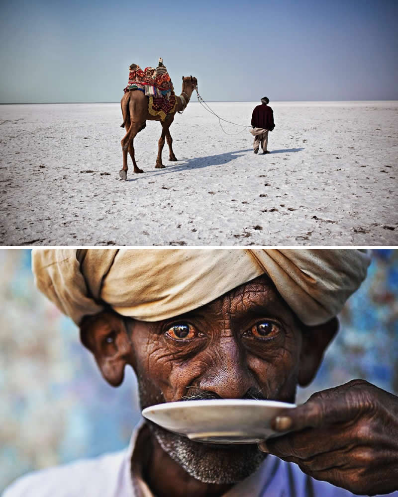 Portrait of a Rajasthani man wearing a traditional turban drinking tea paired with a vast white salt desert landscape in the Rann of Kutch, India, where a man leads a decorated camel across the barren expanse, reflecting life shaped by desert terrain and tradition.