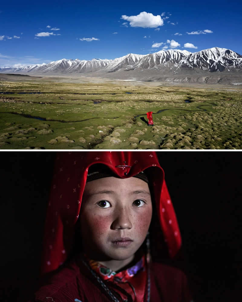 Portrait of a young Kyrgyz girl wearing traditional red clothing paired with a wide mountain valley landscape in the Pamir Mountains of Kyrgyzstan, showing a solitary figure walking across green plains beneath dramatic snow-capped peaks, highlighting the bond between culture and high-altitude terrain.