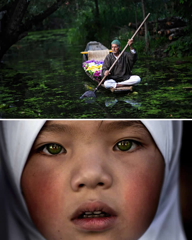 Portrait of a young Kashmiri girl with striking green eyes wearing a white headscarf paired with a tranquil scene of a flower seller rowing a wooden boat through the lotus-filled waters of Dal Lake in Kashmir, India, highlighting the deep connection between people and their water-bound landscape.
