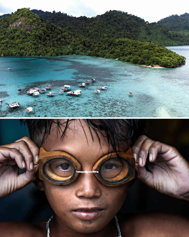 Portrait of a Bajau sea nomad child wearing handmade wooden diving goggles paired with an aerial view of stilt houses over clear turquoise waters in Bajau, Malaysia, illustrating the deep cultural connection between the Bajau people and the ocean.