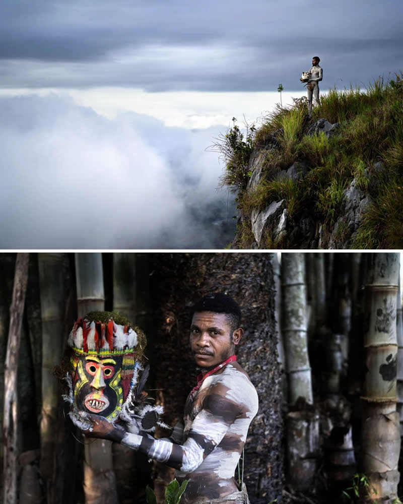 Portrait of an Asaro man holding a traditional ceremonial mask paired with a misty mountain landscape in Asaro, Papua New Guinea, highlighting the connection between indigenous culture, ritual traditions, and the dramatic highland environment.