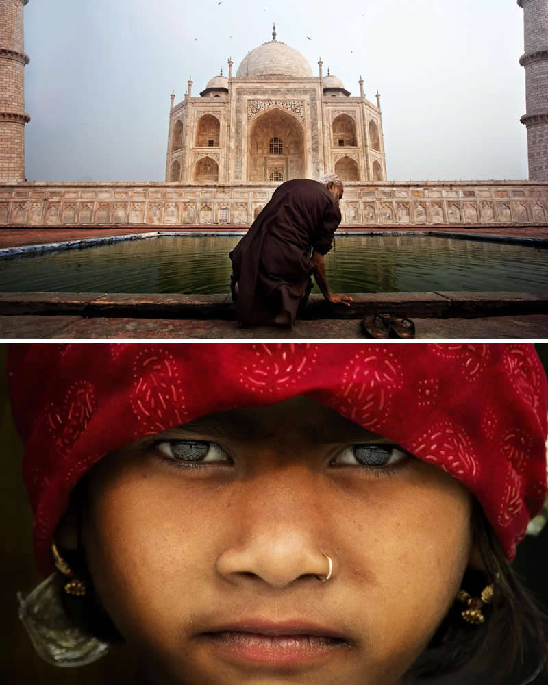 Portrait of a young Indian girl wearing a red headscarf paired with a view of the Taj Mahal in India, showing a man near the reflecting pool and highlighting the connection between people, culture, and one of India’s most iconic historical landscapes.
