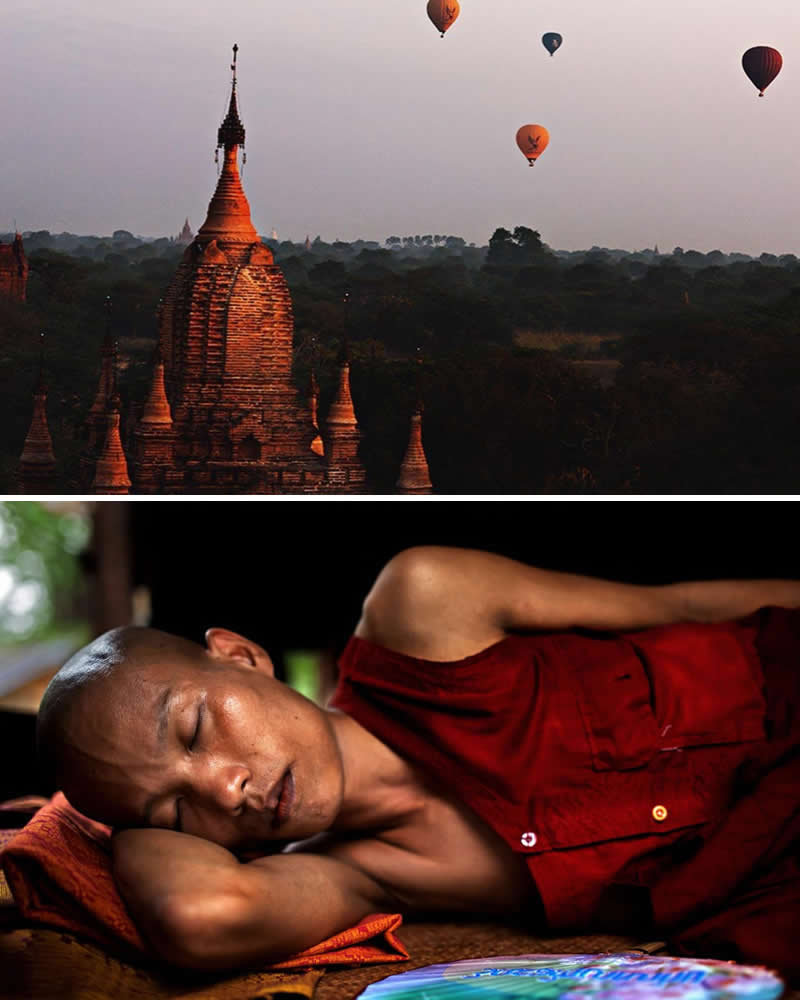 Buddhist monk resting peacefully indoors wearing a red robe paired with a sunrise landscape of Bagan, Myanmar, where ancient pagodas rise above the plains as colorful hot air balloons float in the sky.