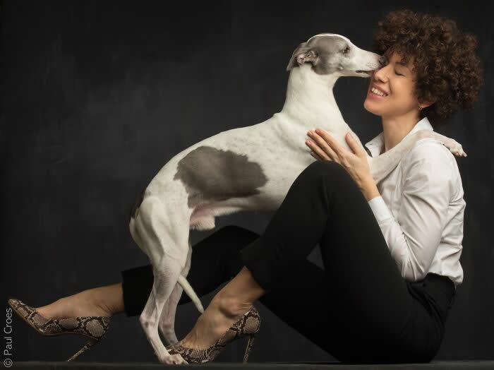 A joyful woman sitting on the floor smiles as a white dog gently touches her face, captured in a studio setting with soft lighting, highlighting the playful and affectionate bond between human and animal.