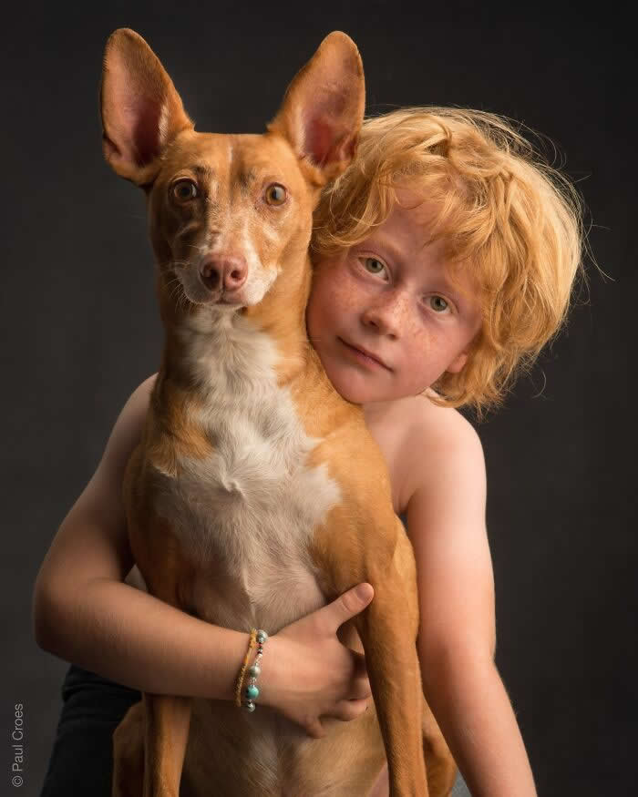 A young child with curly hair gently hugs a slender brown dog, both facing the camera, captured in soft studio lighting against a dark background, expressing innocence, trust, and a strong human–animal connection.
