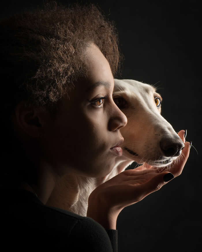 A softly lit side-profile portrait of a woman and a white dog, both looking in the same direction, with the woman’s hand gently supporting the dog’s chin, expressing unity, trust, and shared focus.