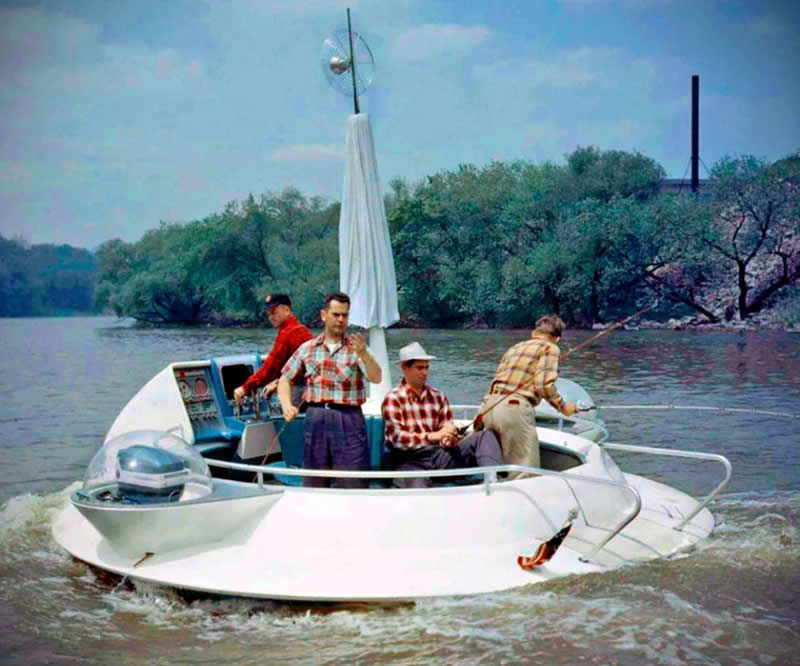 The Flying Saucer Fishing Boat made by Evinrude and designed by Brooke Stevens. 1957