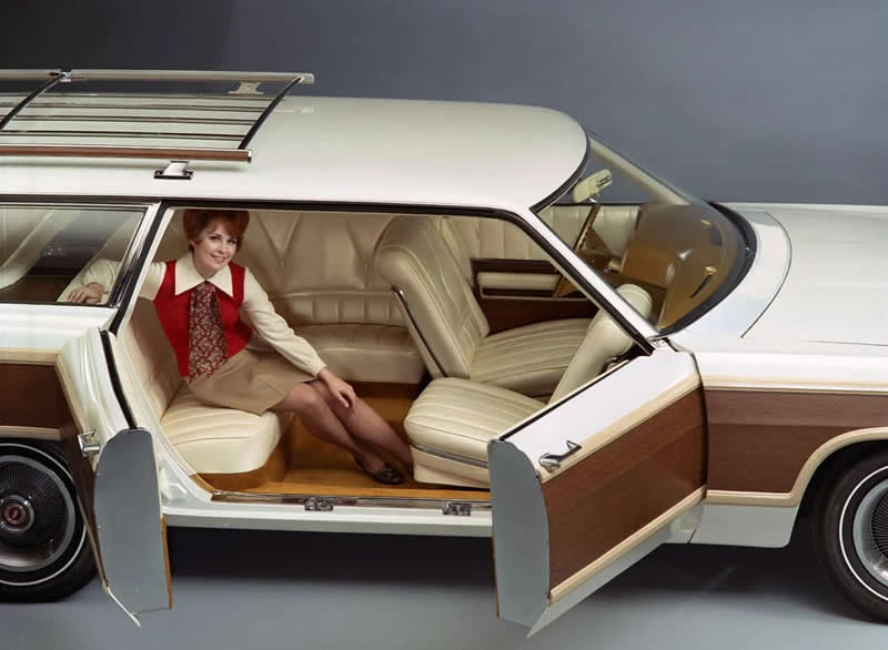 The 1969 Ford Aurora II Country Squire billed as a "living room on wheels," with unique features like a wraparound sofa, swivel chairs, a coffee table, and custom wood trim, designed to show future family travel but was never mass-produced due to safety concerns, including the lack of seatbelts.
