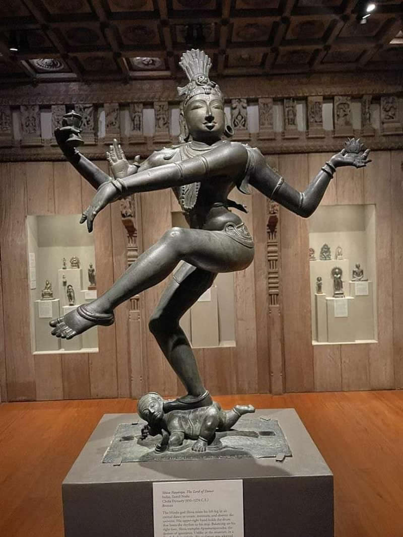 A bronze statue of Shiva in his Nataraja form (850–1278 CE), originating from the Chola Dynasty in Madurai, Tamil Nadu, India