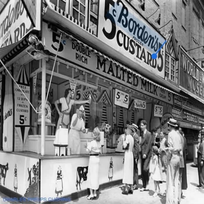 Old New York Revealed: 35 Rare Historical Photos That Capture Forgotten Moments 69 Borden's 5 Cent frozen Custard Cone stand on Coney Island, New York, 1931.