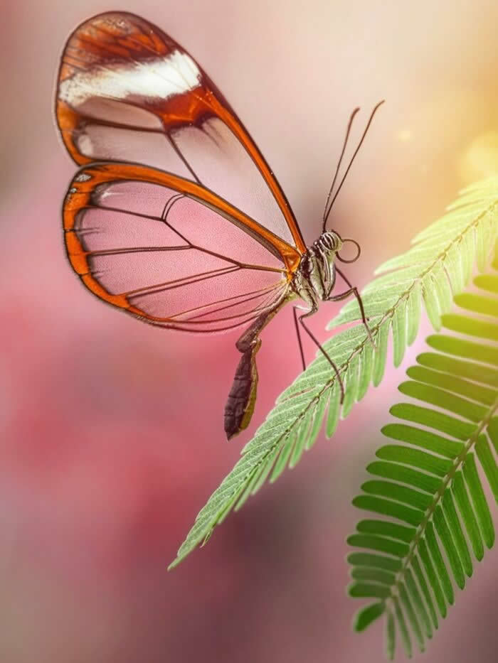 The Art of the Tiny: 28 Macro Photos That Turn Small Moments Into Masterpieces 35 A delicate macro photograph of a transparent-winged butterfly resting on soft green leaves, glowing beautifully against a dreamy pink and golden blurred background.