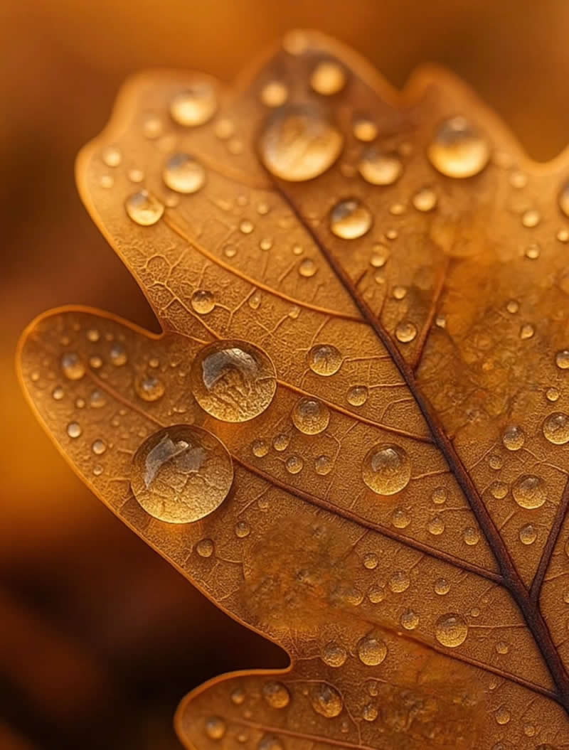 An Invisible Universe: 30 Jaw-Dropping Macro Photos That Will Change How You See Nature 46 A stunning macro photograph of a golden-brown autumn leaf covered in sparkling water droplets. The intricate leaf veins and crystal-clear beads of dew are sharply detailed against a warm, softly blurred amber background, highlighting the textures and beauty of the season.