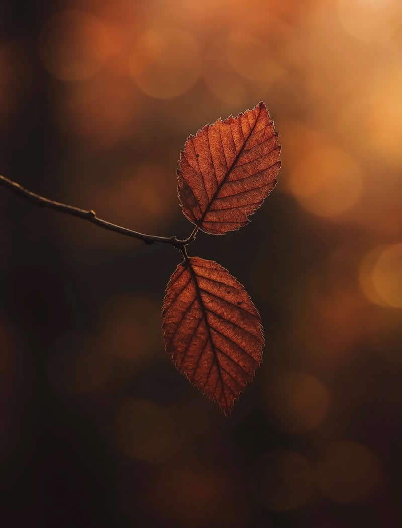An Invisible Universe: 30 Jaw-Dropping Macro Photos That Will Change How You See Nature 49 A moody macro photograph of two reddish-brown autumn leaves attached to a slender branch, illuminated by warm golden light. The softly blurred background features rich amber bokeh, creating a serene and atmospheric celebration of fall’s beauty.