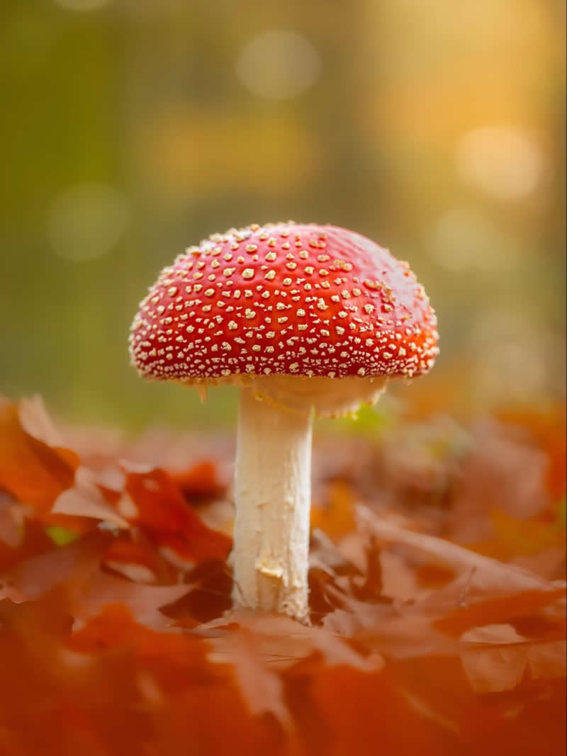 An Invisible Universe: 30 Jaw-Dropping Macro Photos That Will Change How You See Nature 61 A vibrant red fly agaric mushroom with white speckles stands among fallen autumn leaves. Soft golden light and a creamy blurred background create a dreamy woodland atmosphere, emphasizing the mushroom’s striking color and delicate details.