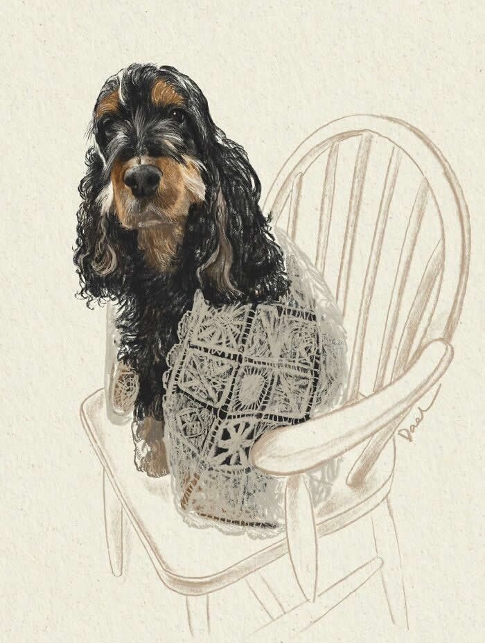 Realistic watercolor and pencil illustration of a Cocker Spaniel sitting calmly on a wooden chair, draped in a patterned knitted blanket, with expressive eyes and soft textured fur, conveying warmth, comfort, and the deep emotional bond between a beloved dog and its owner.
