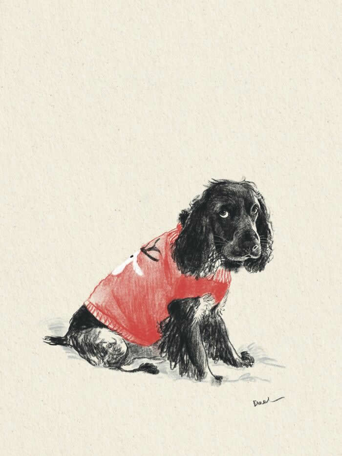 Hand-drawn illustration of a black spaniel sitting quietly in a soft pink sweater, rendered with expressive pencil-like strokes and subtle colors, highlighting the dog's gentle gaze, quiet personality, and the affectionate connection shared with its loving companion.