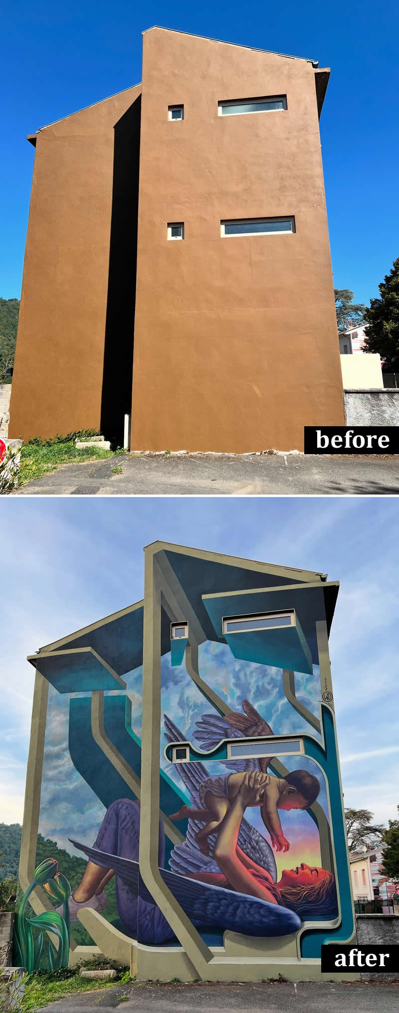 From Simple Walls to Spectacular Illusions: 36 Hyperrealistic Artworks That Defy Reality 40 Before-and-after image of a tall building transformed from a plain brown facade into a large hyperrealistic mural depicting a woman holding a child with bird wings, integrated into a geometric architectural illusion against a blue sky.