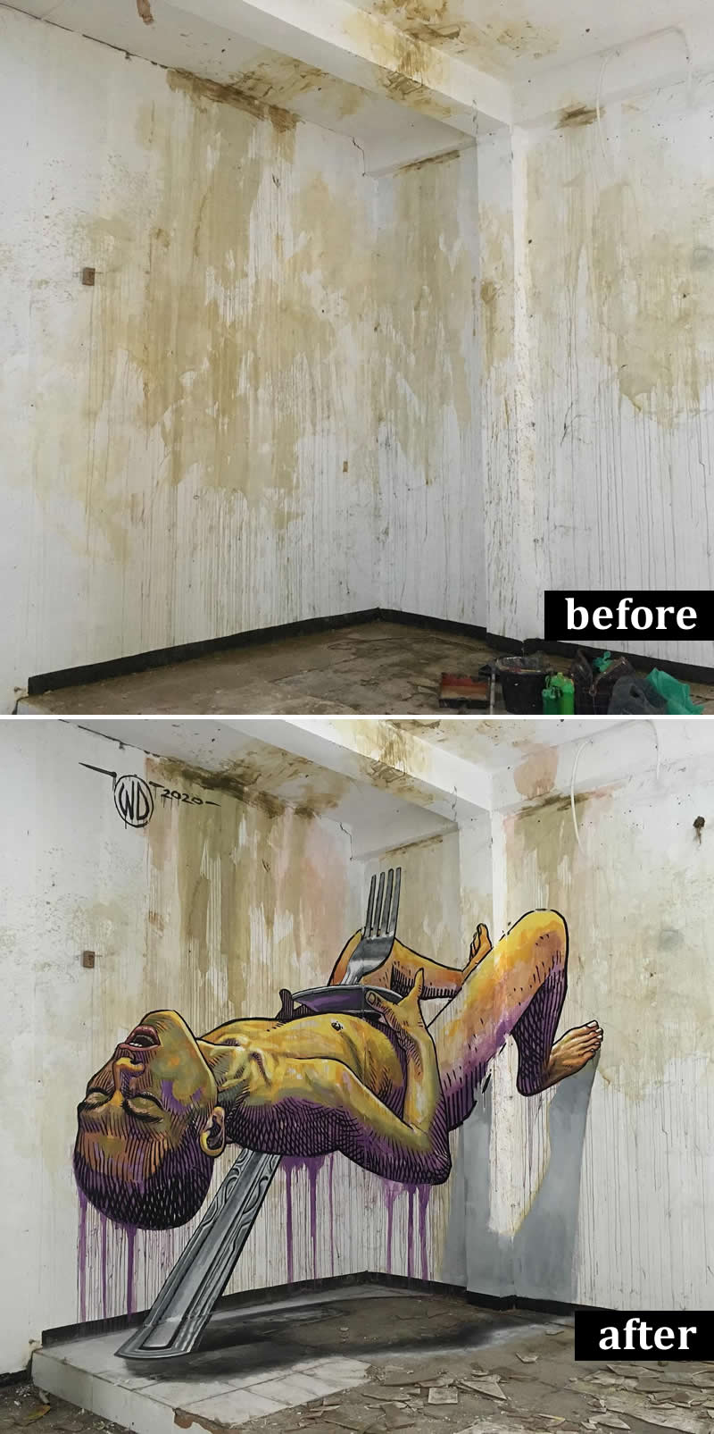 From Simple Walls to Spectacular Illusions: 36 Hyperrealistic Artworks That Defy Reality 52 Before-and-after image of a stained, abandoned interior transformed into a hyperrealistic mural depicting a suspended human figure pierced by an oversized fork, rendered with dramatic perspective and three-dimensional illusion against weathered walls.