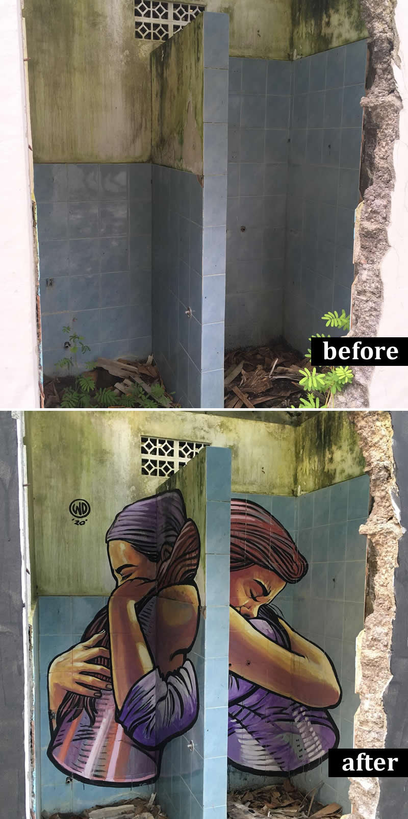 From Simple Walls to Spectacular Illusions: 36 Hyperrealistic Artworks That Defy Reality 54 Before-and-after image of an abandoned tiled room transformed into a mural depicting two women embracing, painted across intersecting walls to create a unified and emotionally powerful composition within the neglected space.