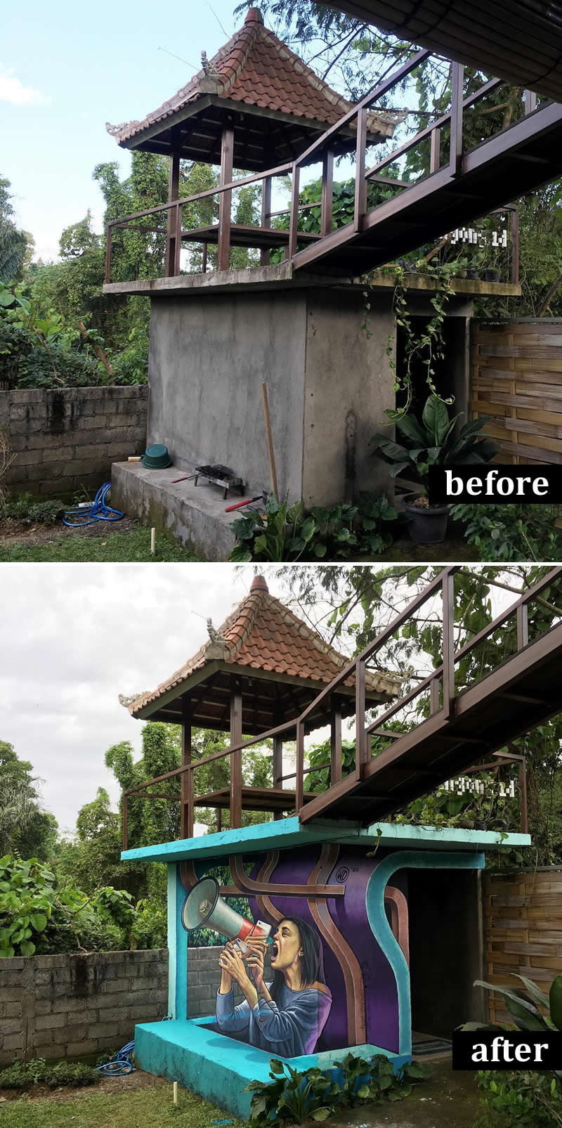 From Simple Walls to Spectacular Illusions: 36 Hyperrealistic Artworks That Defy Reality 55 Before-and-after image of a concrete structure beneath a raised pavilion transformed into a mural depicting a woman shouting through a megaphone, with colorful flowing forms and three-dimensional effects integrated into the building’s architecture.