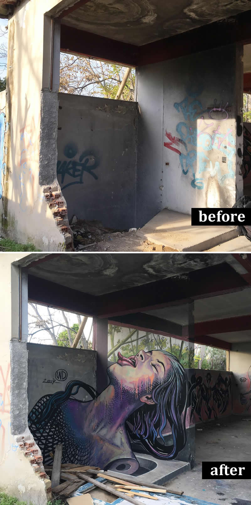 From Simple Walls to Spectacular Illusions: 36 Hyperrealistic Artworks That Defy Reality 56 Before-and-after image of an abandoned, graffiti-covered interior transformed into a hyperrealistic mural of a woman’s head emerging from a circular opening, with flowing hair, vivid colors, and striking three-dimensional effects integrated into the ruined architecture.
