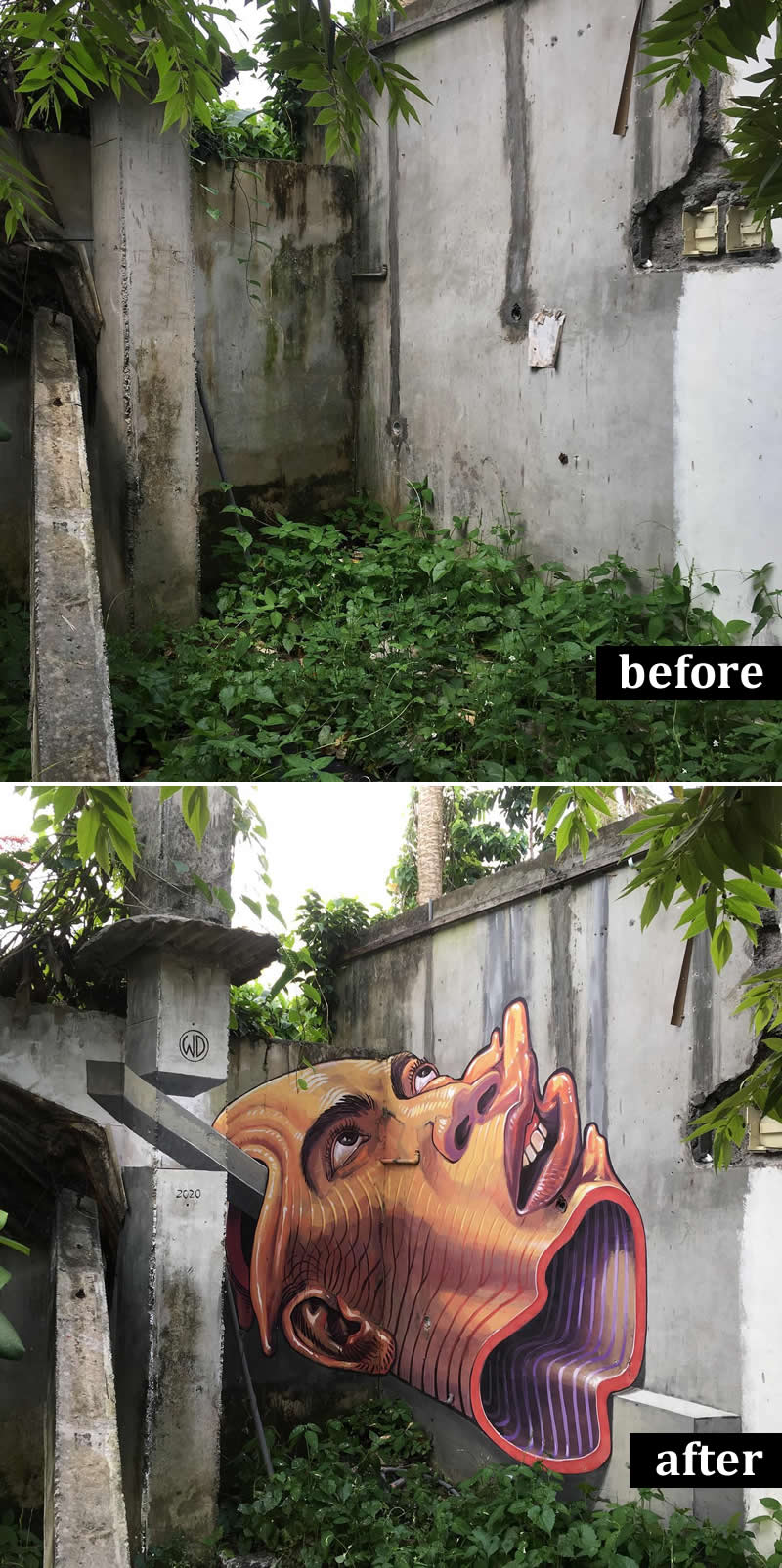 From Simple Walls to Spectacular Illusions: 36 Hyperrealistic Artworks That Defy Reality 57 Before-and-after image of an abandoned, vegetation-filled concrete enclosure transformed into a surreal mural featuring a large human head with an open hollow mouth and geometric elements, creating a dramatic three-dimensional illusion within the space.