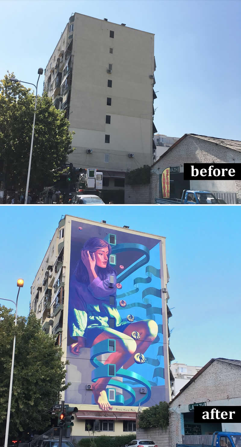 From Simple Walls to Spectacular Illusions: 36 Hyperrealistic Artworks That Defy Reality 58 Before-and-after image of a tall apartment building transformed from a plain wall into a vibrant mural featuring a seated woman surrounded by flowing ribbon-like shapes and floating spheres, creating a striking vertical composition across the facade.